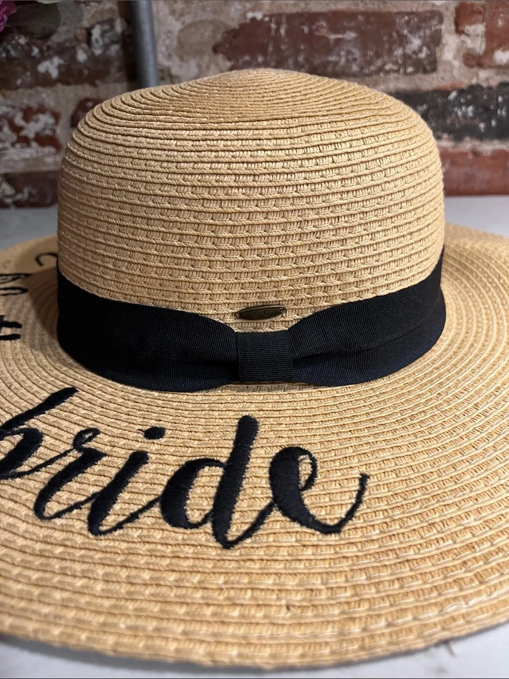 Embroidered 'Mother of the Bride' Straw Sun Hat with adjustable Black Band